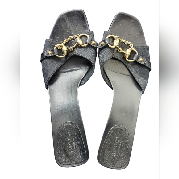 Gucci Canvas Horsebit Mules Black Kitten Heels Size 8.5 Vintage - Picture 1 of 11
